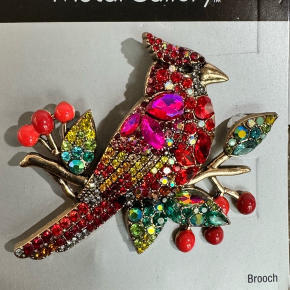 Metal Gallery Gold Tone Multicolor Rhinestones Cardinal Bird Brooch Pin New - Picture 2 of 2